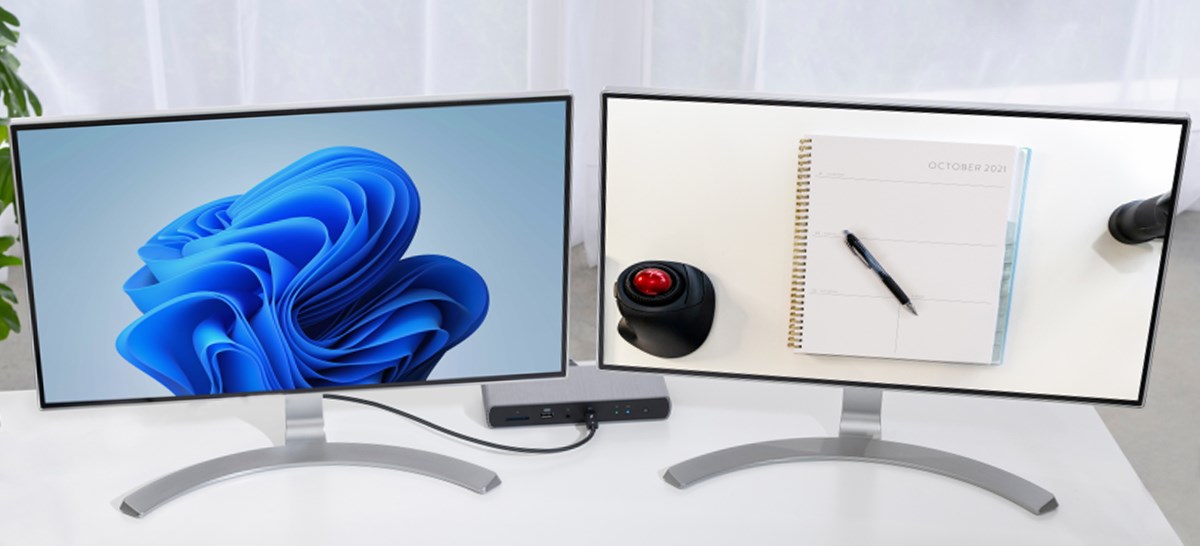6K Dual monitors connected to a Kensington Thunderbolt 4 docking station on a white desk