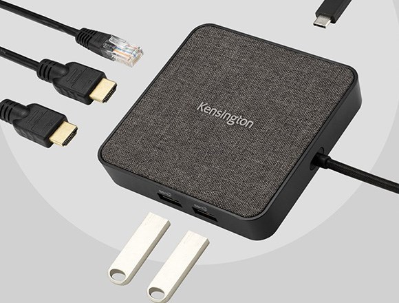 MD120U4 USB4 Portable Docking Station, featuring video cables, an Ethernet cable, and thumb drives.