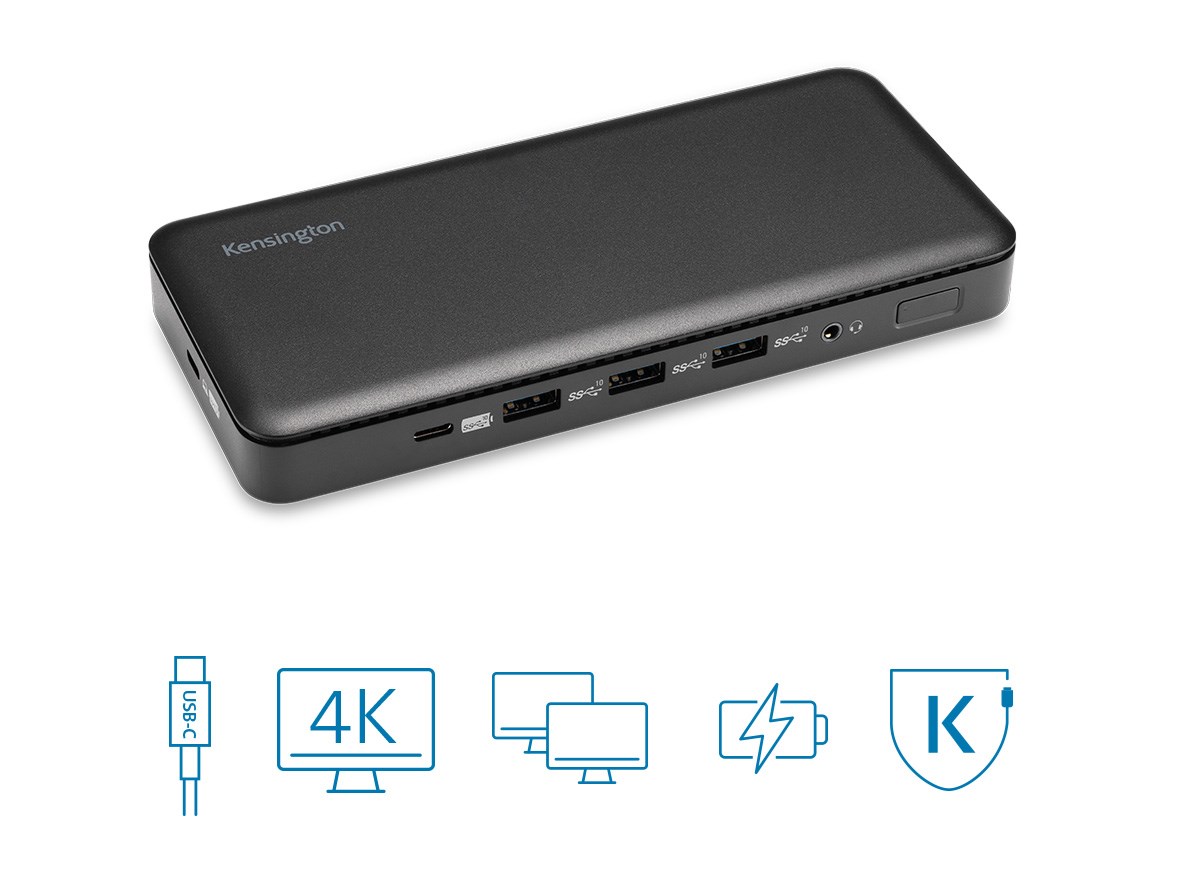 USB 3.2 Gen 2 docking station and its badges: USB-C cable, single 4K, dual displays, power, and DockWorks™ Software.
