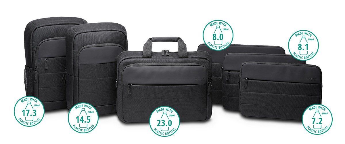 Collection of Kensington laptop bags made from recycled plastic bottles.