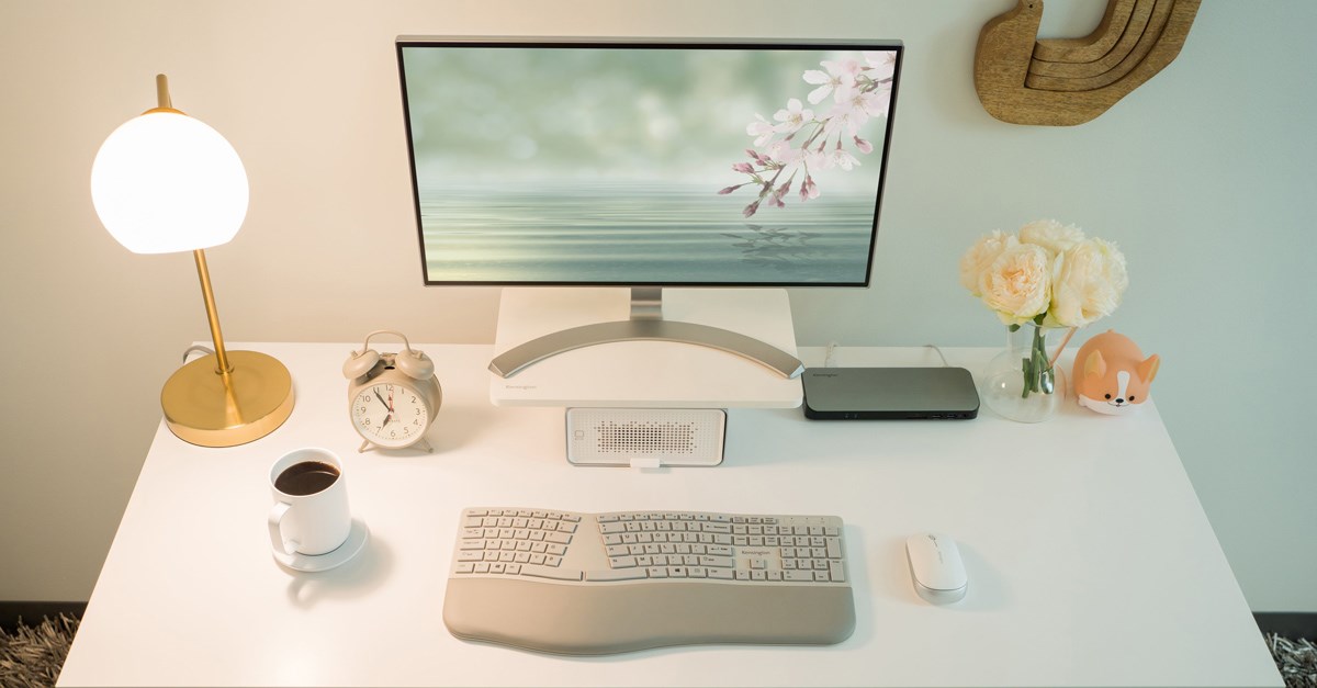 Desktop setup with a Kensington ergonomic keyboard and mouse and a docking station 