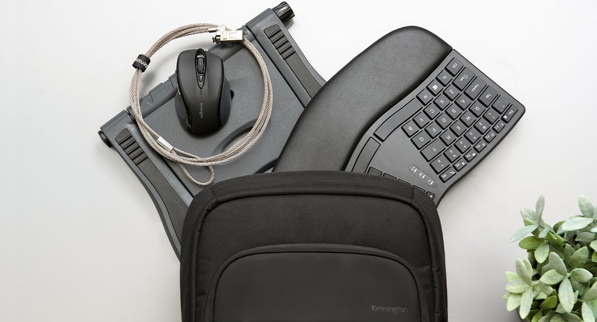 Kensington EQ computer accessories, including an ergonomic keyboard, a wireless mouse and laptop stand.