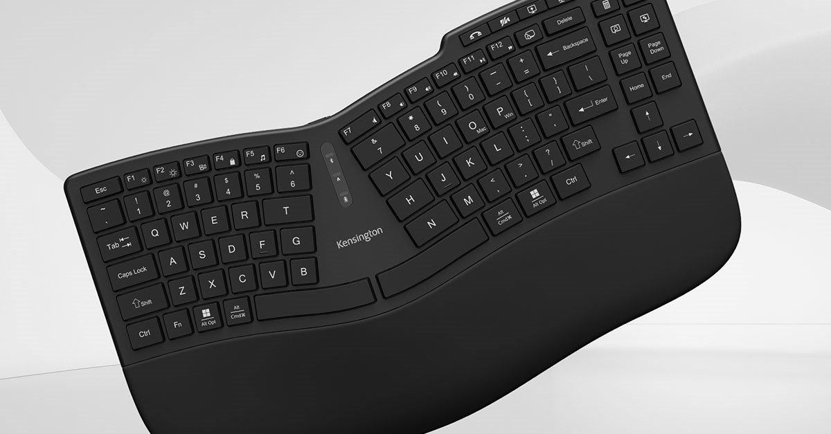 Kensington ergonomic keyboard with a split, curved design and built-in wrist rest.