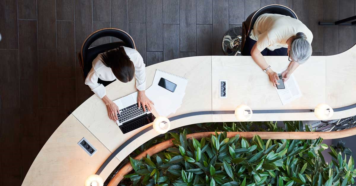 Top view of a coworking workspace with curved desks and green plants.