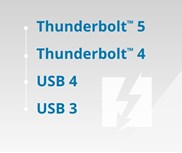 A comparison chart listing Thunderbolt™ 5, Thunderbolt™ 4, USB 4, and USB 3 in descending order, indicating compatibility and advancement in technology.