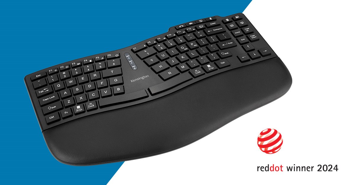 Kensington KB675 ergonomic keyboard with a split, curved design and built-in wrist rest is displayed against a blue and white background.