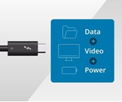 A black Thunderbolt™ 5 cable is shown on the left side, with the Thunderbolt™ logo visible. On the right side, a blue square highlights three icons representing data, video, and power, emphasizing Thunderbolt™ 5's capability to handle all three functions through a single cable.