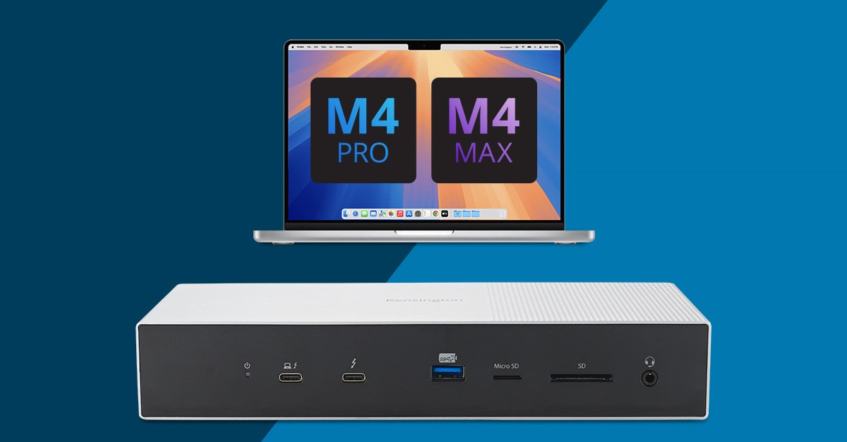 A Thunderbolt™ 5 docking station shown with an M4 Pro and M4 Max MacBook for seamless connectivity.