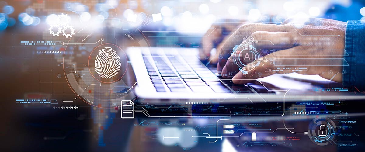 Hands typing on a laptop keyboard, surrounded by digital icons like fingerprints and security locks.