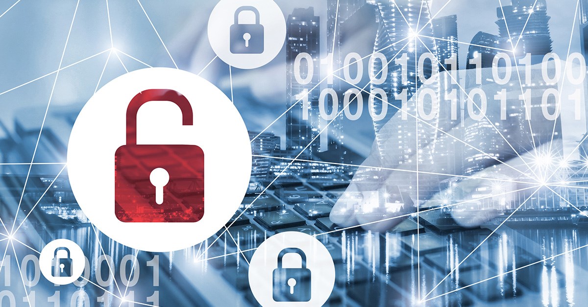 red open lock icon overlays a digital cityscape, surrounded by security locks and binary code, symbolizing cybersecurity.