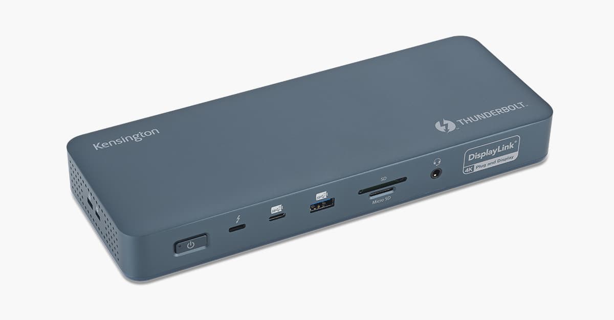 Kensington Thunderbolt 4 dock with multiple ports including USB-C, USB-A and MicroSD slots.