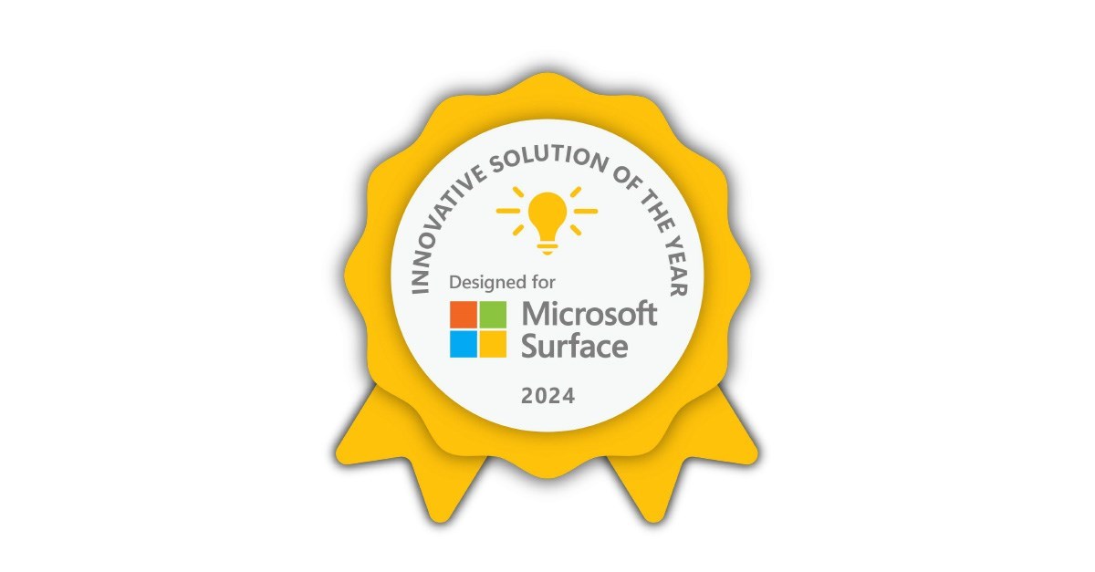 Gelbes Abzeichen mit Glühbirnensymbol Innovative Lösung des Jahres 2024, Designed for Surface.