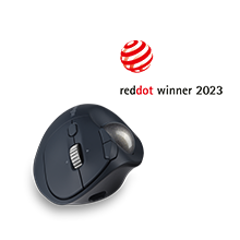 Front view of a trackball with the reddot winner 2023 badge.