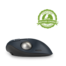 Side view of a trackball with the Recycled content badge.