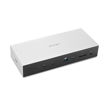 A Kensington docking station, a compact silver and black device with multiple connectivity ports.