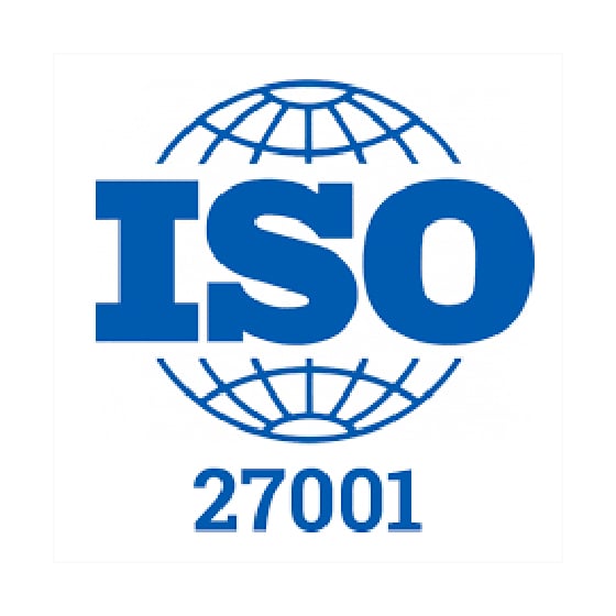 A blue ISO 27001 certification logo, indicating adherence to information security standards.
