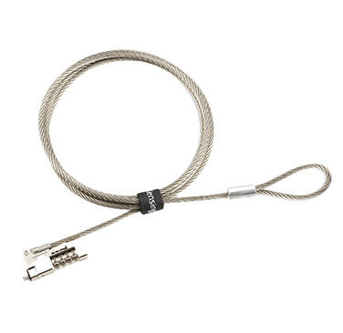 A Kensington security cable lock, a steel cable with a combination lock for securing devices.