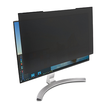 A computer monitor with a Kensington privacy filter applied, making the screen darkened from side angles to prevent unauthorized viewing.