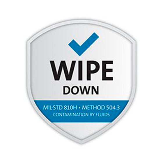 A shield-shaped certification badge with a blue checkmark, stating “Wipe Down - MIL-STD 810H - Method 504.3 Contamination by Fluids.”