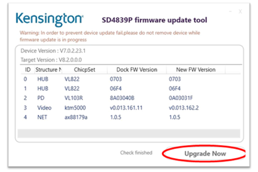 Capture d’écran du firmware avec bouton Mettre à niveau maintenant.