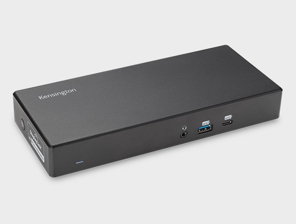Front view of the Kensington SD5780T Thunderbolt™ 4K/6K Docking Station with external  HD monitor in background.