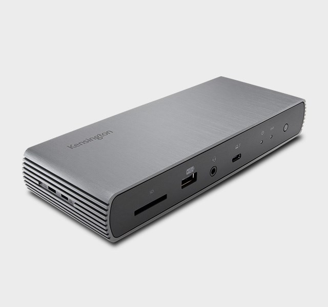 Lähikuva Kensington SD5700T Thunderbolt™ 4 Dual 4K telakointiasemasta, jossa 90W:n virransyöttö – Windows/macOS/Chrome.