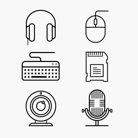 Peripheral devices: headphones, mouse, keyboard, SD card, webcam, microphone.