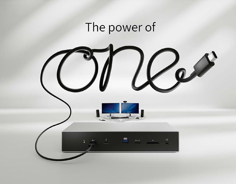 Multiple devices connected to a Kensington docking station.