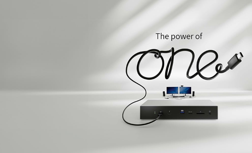 Multiple devices connected to a Kensington docking station.