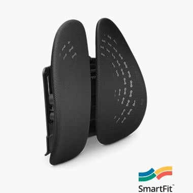 Ergonomiset selkätuet ja lähikuva Kensington SmartFit® Conform™ Back Rest selkätuesta.