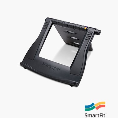 Ergonomiset kannettavan tietokoneen telineet ja lähikuva Kensington SmartFit® Easy Riser™ kannettavan tietokoneen telineestä.