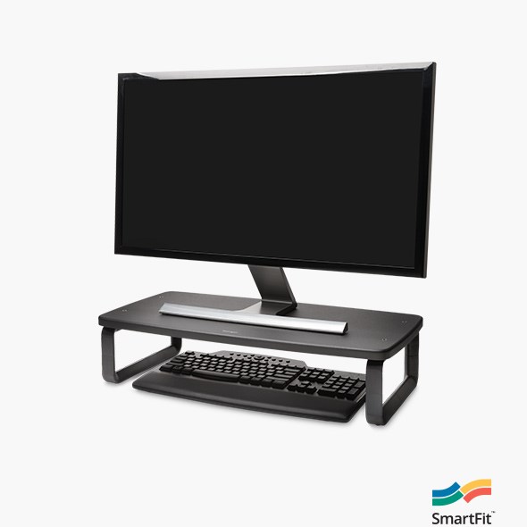 Ergonomic monitor stands with a close up of the Kensington SmartFit® Extra Wide Monitor Stand for up to 27” screens.