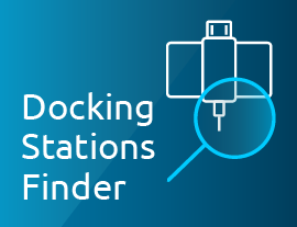 A blue icon featuring a dock illustration with a magnifying glass, with the text Docking Station Finder.