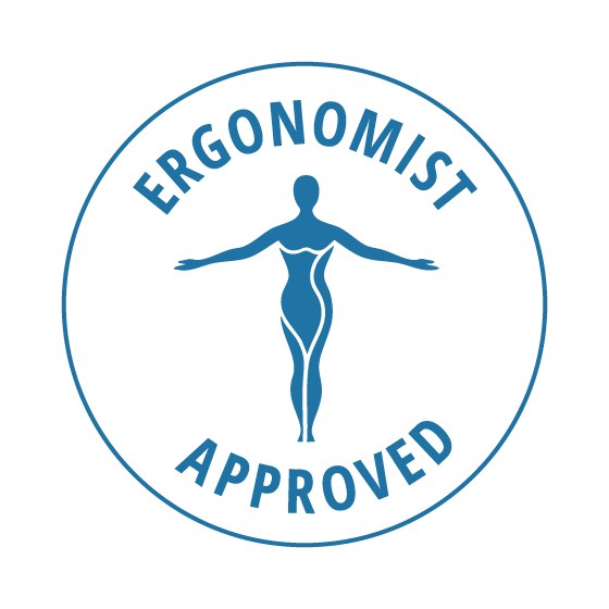 A circular blue logo with a human silhouette and the words 'Ergonomist Approved.'