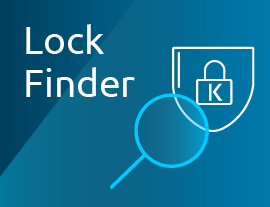 Blue background with 'Lock Finder' text, a shield icon with a padlock marked 'K', and a magnifying glass overlapping the shield.