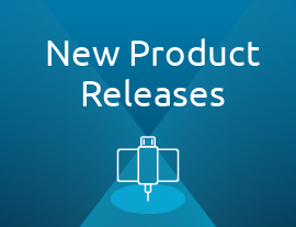 Blue background with 'New Product Releases' text and an icon of a USB drive flanked by two rectangular shapes, symbolizing new tech products