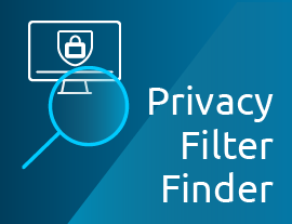 A blue icon featuring a computer screen with a lock symbol and a magnifying glass, with the text Privacy Filter Finder.