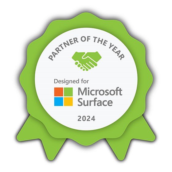 Green ribbon badge with 'PARTNER OF THE YEAR' text, handshake icon, and 'Designed for Microsoft Surface 2024' below.