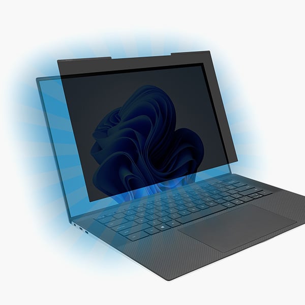 Laptop with Kensington privacy screen containing blue light reduction.