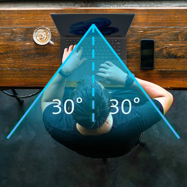 Kensington privacy screen limits viewing angle, narrowing field of vision to ±30°.