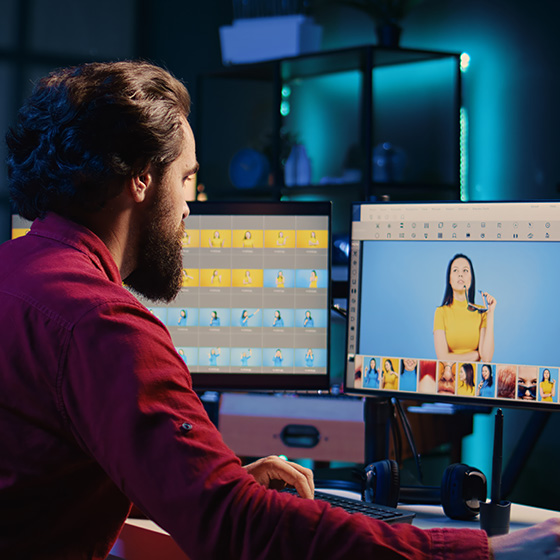 content creator working at a dimly lit desk with a dual monitor setup featuring video and voiceover workflow. 