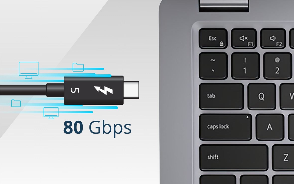 Visual illustrating how Thunderbolt 5 offers 80Gbps data transfer speeds.