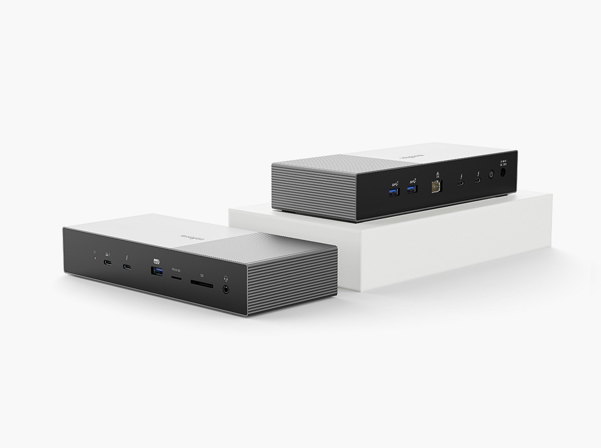 Kensington SD5000T5 EQ Thunderbolt 5-dokkingstasjonen fremme, bak og på siden som illustrerer dens produktive 11-i-1-design.