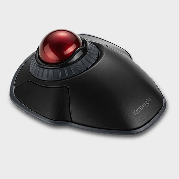 Trackball Orbit wireless con rotella di scorrimento su sfondo bianco.